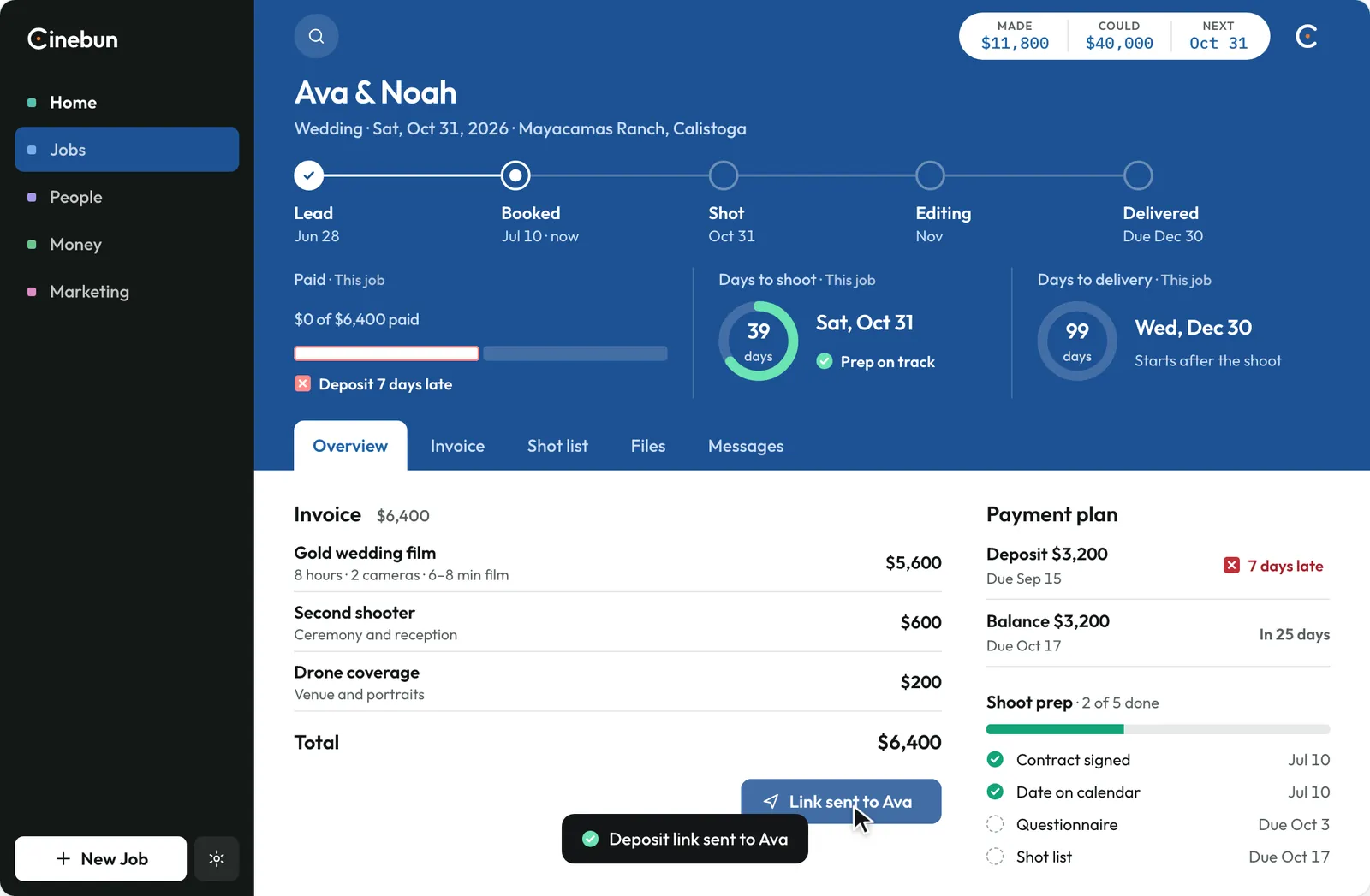 The Send deposit link button now reads Link sent to Ava, and a toast confirms the deposit link was sent.