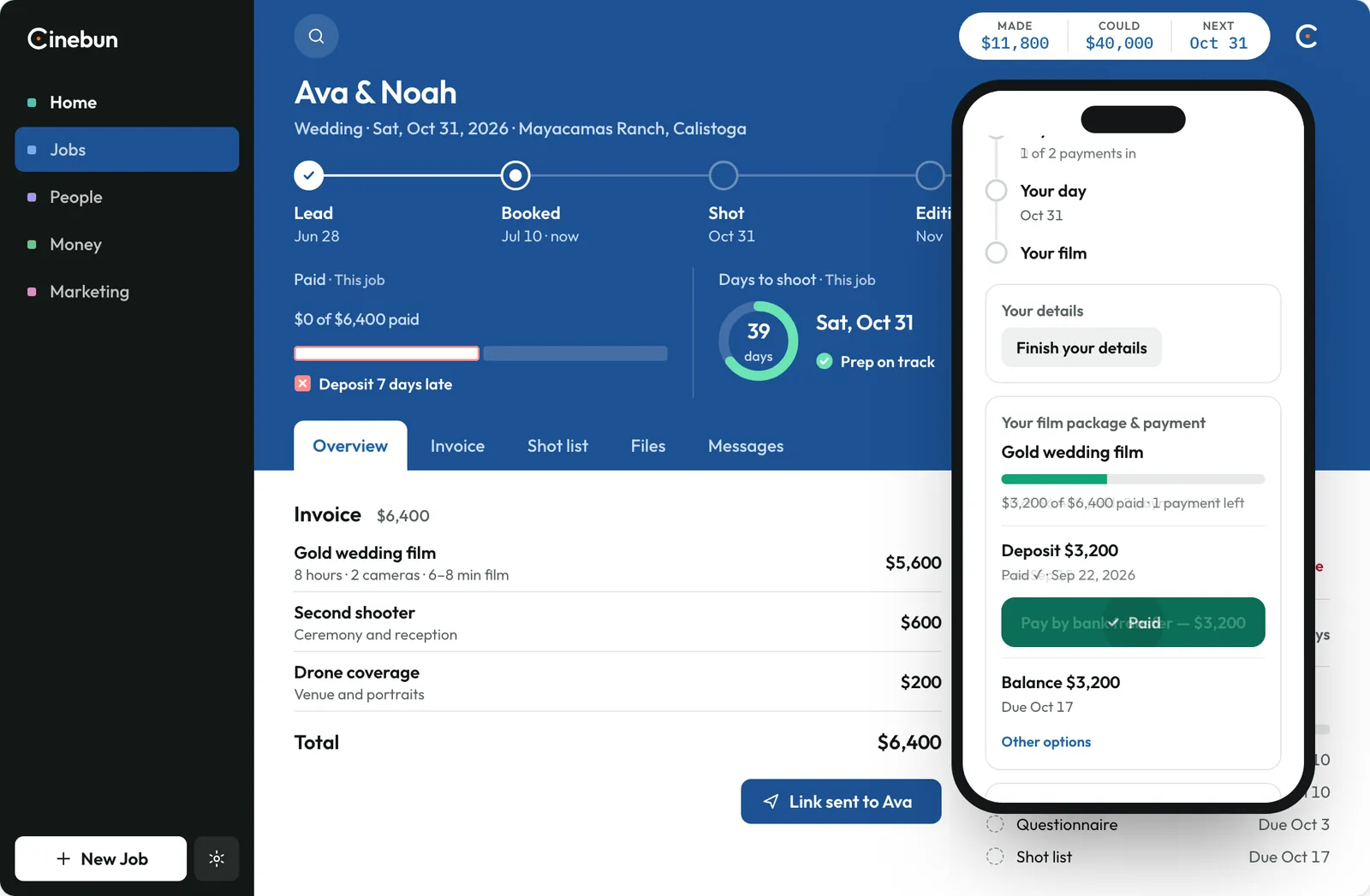 Ava’s phone shows the client portal: agreement signed, deposit $3,200, and a button that now reads Paid, thank you.